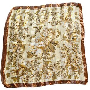 Vtg Floral Peony Satin Scarf Brown Border Lrg Square Lightweight Sheer Material